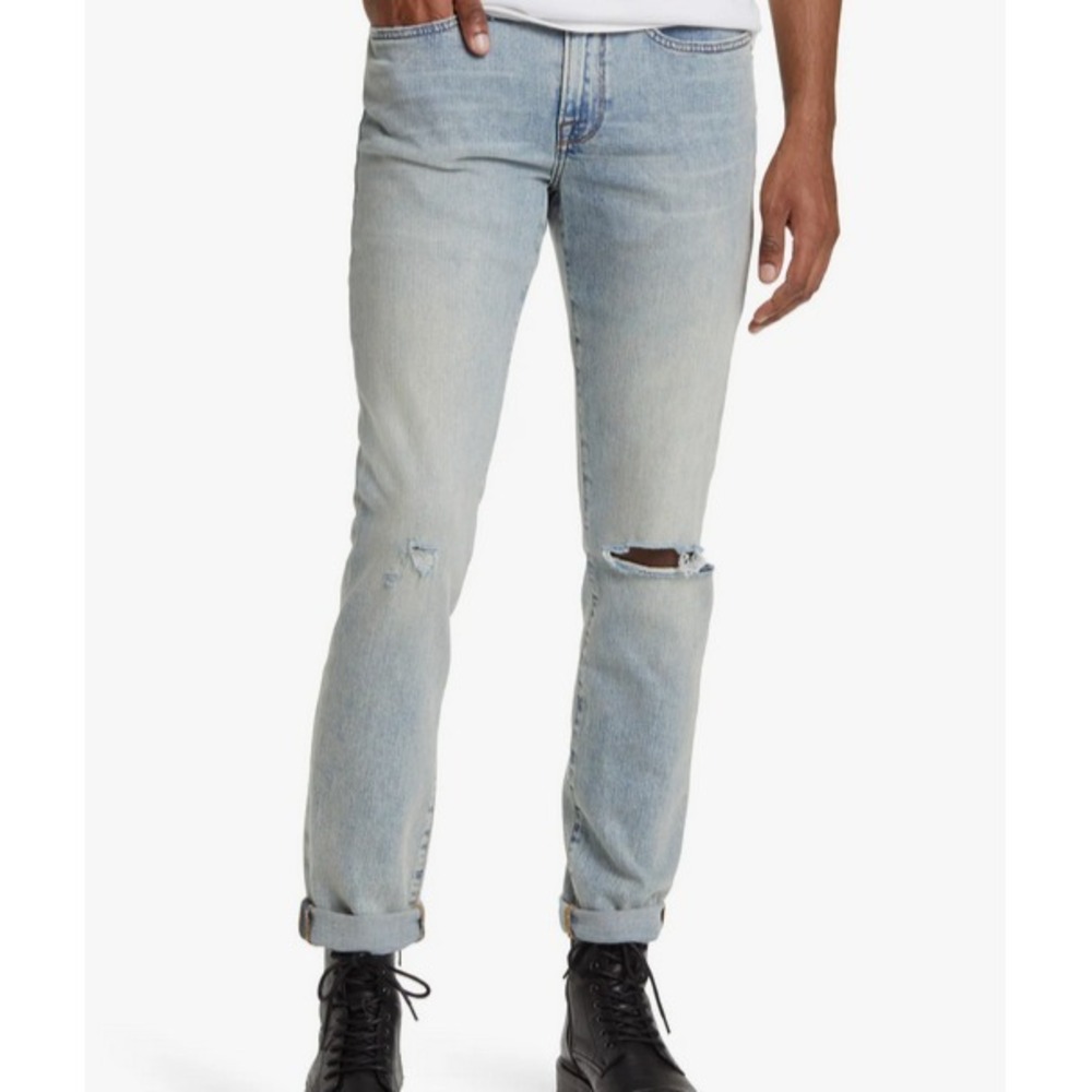 New FRAME Aspen Rips‎ L'Homme Skinny Men's 38 x 32 Light Blue Mid Rise Jeans